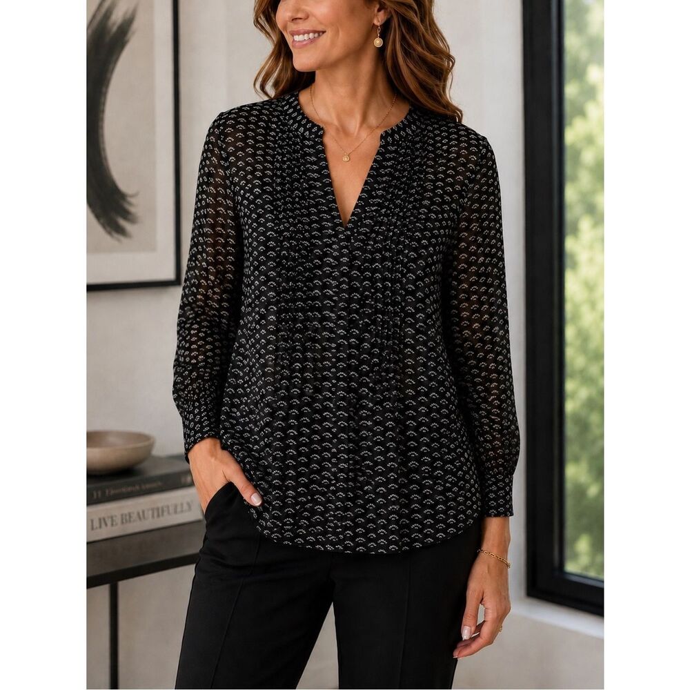 Jigsaw London 100% Silk Sheer Pintuck Blouse Black White Print Size 6